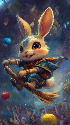 Chibi rabbit plays Quidditch match at Hogwarts stadium. Chibi rabbit plays Quidditch match at Hogwarts stadium.