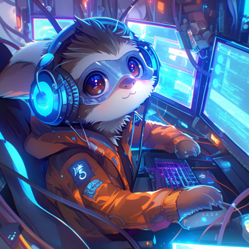 Chibi sloth hacker with oversized headphones at glowing computer.