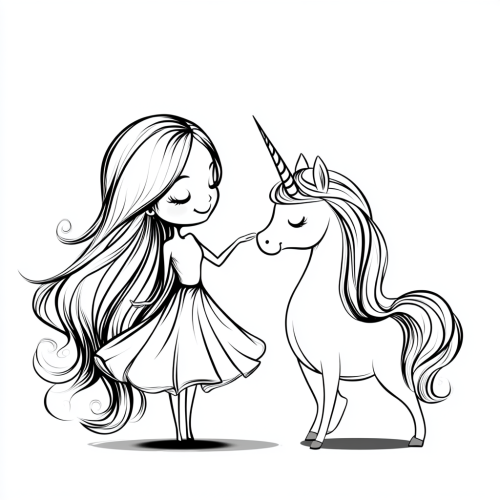 Chibi style drawing of happy woman dancer and unicorn.