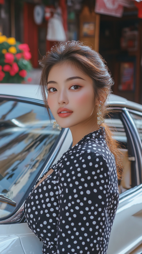Chic Japanese woman in polka-dot dress by Ferrari