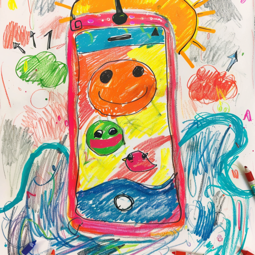 Child's drawing of smartphone with antenna, Japanese pattern.