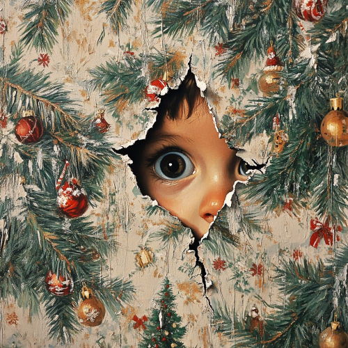 Child's eyes peek through torn Christmas wallpaper