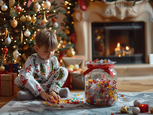 Child Opens Christmas Gift by Cozy Fireplace Child Opens Christmas Gift by Cozy Fireplace