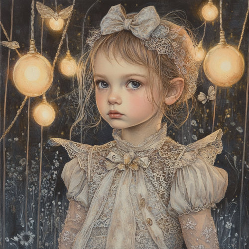 Child in Fairy-Tale Dress Surrounded by Glowing Lights