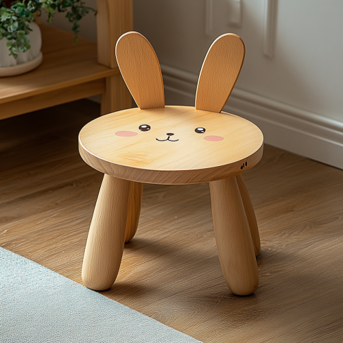 Children's Rabbit-Themed Wooden Stool with Backrest 