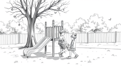 Children Playing at Playground: Cinematic Black and White Sketch.