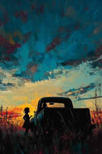 Children Playing in Old Pickup Under Colorful Sky