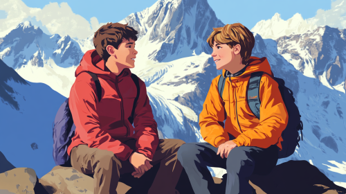Children chatting happily in front of scenic mountains