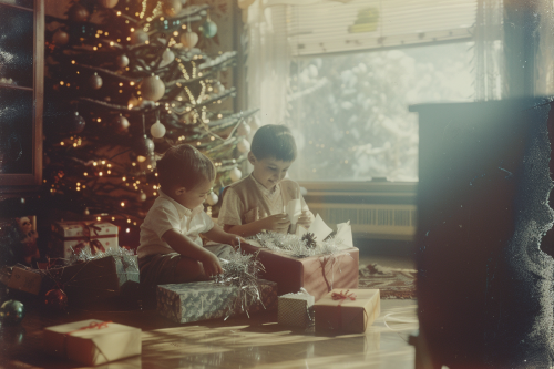 Children happily open Christmas gifts in nostalgic living room
