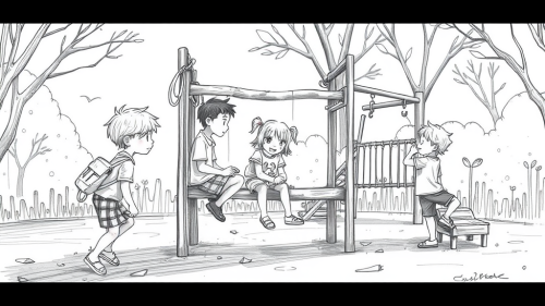Children having fun at the playground - pencil sketch.
