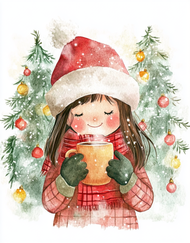 Children holding Christmas mug in winter watercolor painting