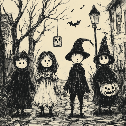 Children in spooky costumes by Edward Gorey