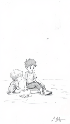 Children playing on ground in storyboard pencil sketch.