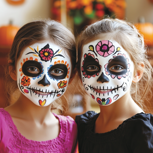 Children with festive face paint at Halloween party