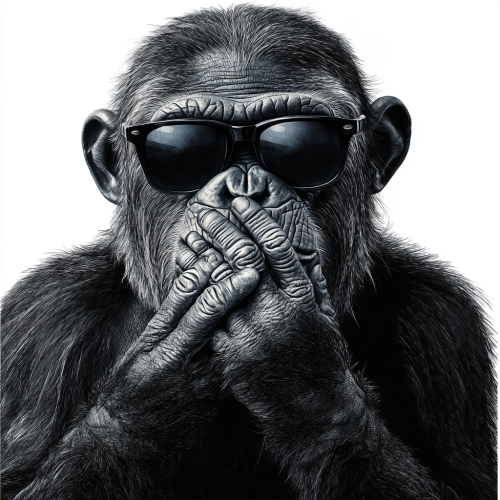 Chimpanzee in sunglasses covering mouth, realistic tattoo design, zoomed out