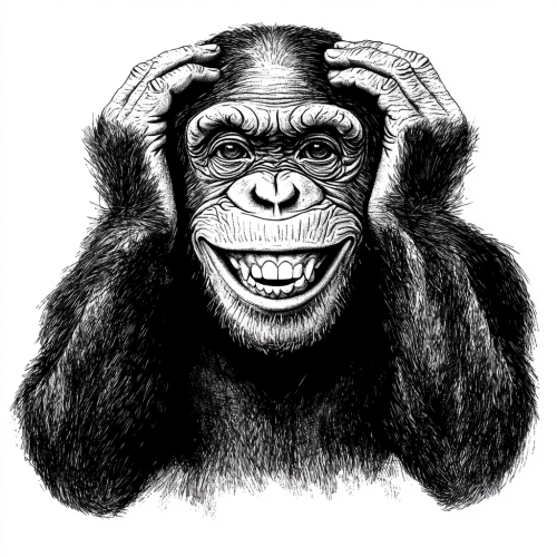 Chimpanzee smiling with hands covering ears, realistic lighting