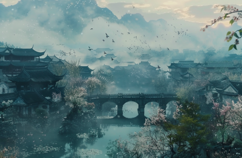 Chinese Landscape Painting with Houses and Water 