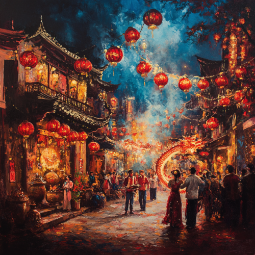 Chinese New Year Celebration with Red Lanterns and Dragon Dance