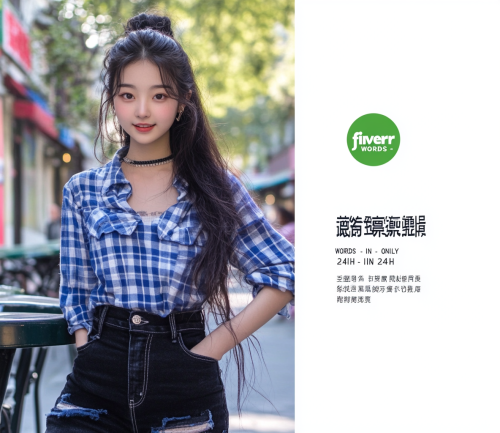 Chinese girl in plaid shirt at Fiverr cafe. Chinese girl in plaid shirt at Fiverr cafe.