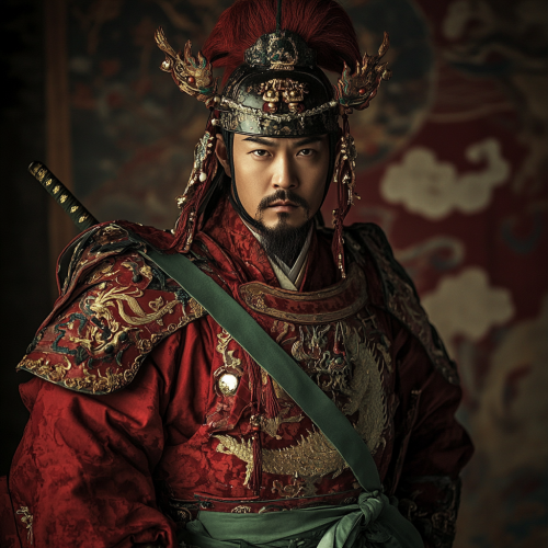 Chinese warrior in red armor and helmet. Phoenix, lion, wolf.