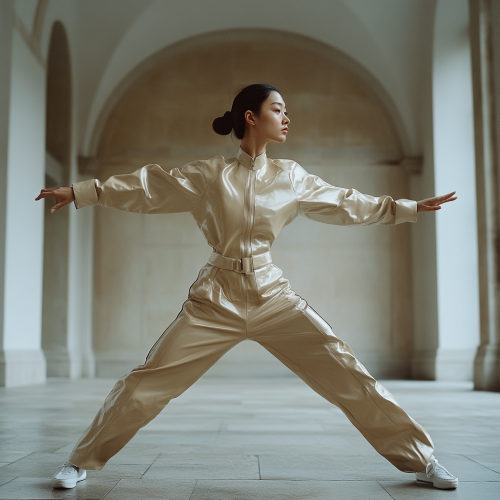Chinese woman in beige jumpsuit dueling opponent elegantly.