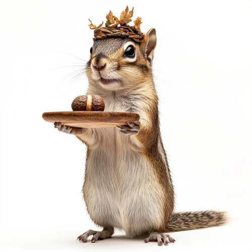Chipmunk smiling with acorn on tray, medieval headdress on head.