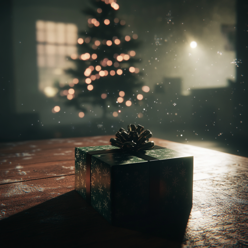 Christmas Gift Box in Dark Lighting Under Tree