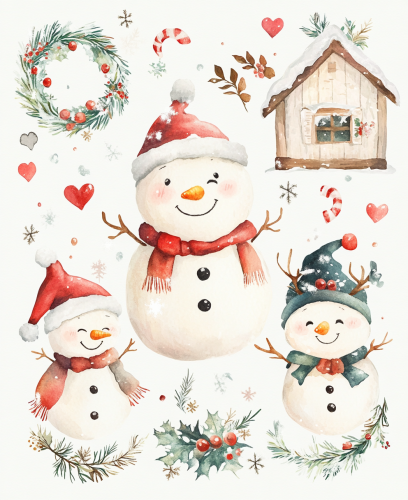Christmas Sticker Sheet with Cute Snowman and Friends