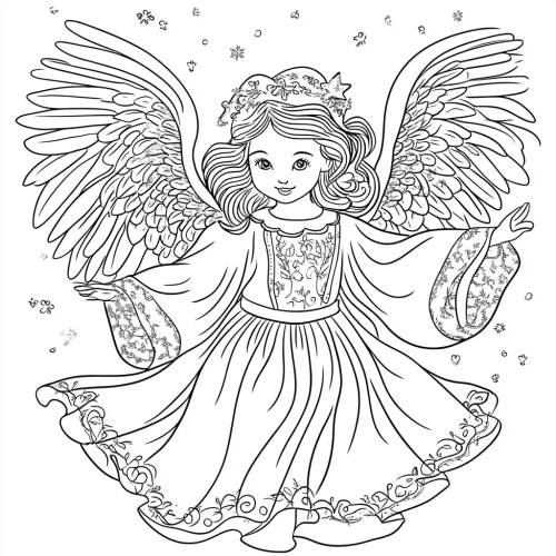 Christmas angel coloring page with classic holiday symbols.