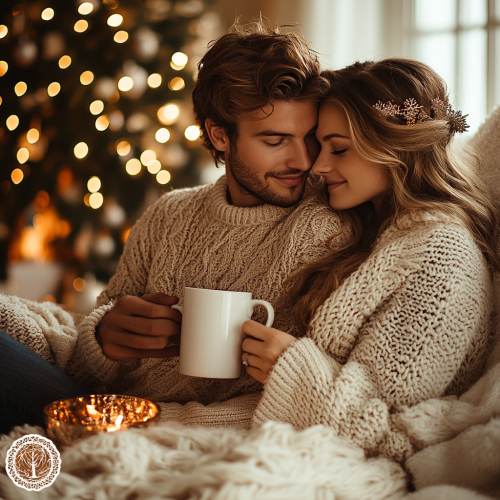 Christmas cozy couple by fireplace with decorations Christmas cozy couple by fireplace with decorations