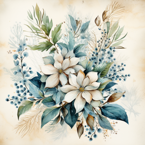 Christmas flowers and greenery in watercolor on paper.