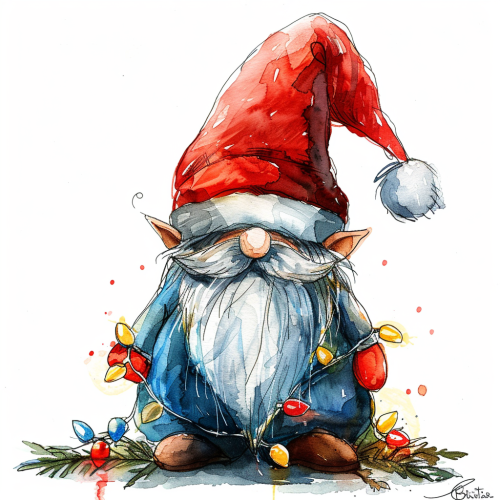 Christmas gnome in red hat with lights on white