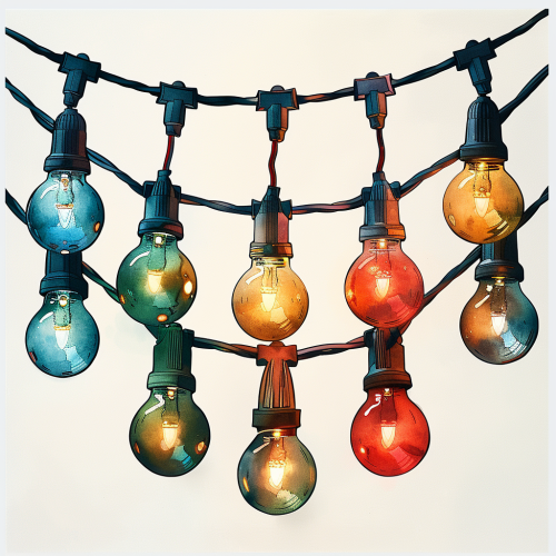 Christmas string lights in red, green, yellow.