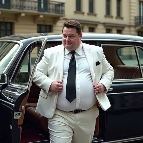 Chubby Boy in White Suit Entering a Benz