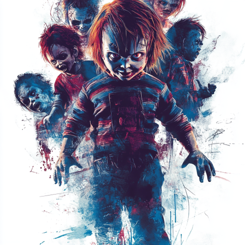 Chucky dolls in menacing poses with blue filter, eerie.