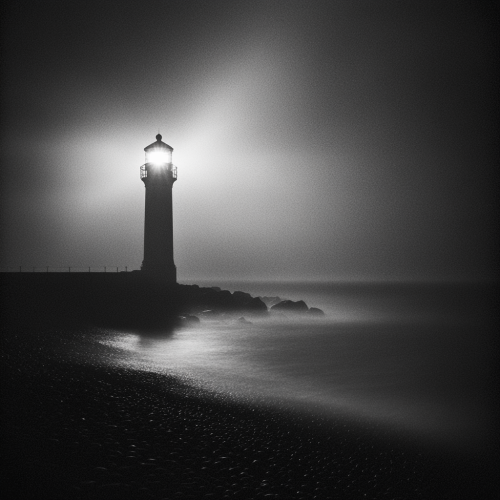 Cinematic black and white lighthouse on beach.