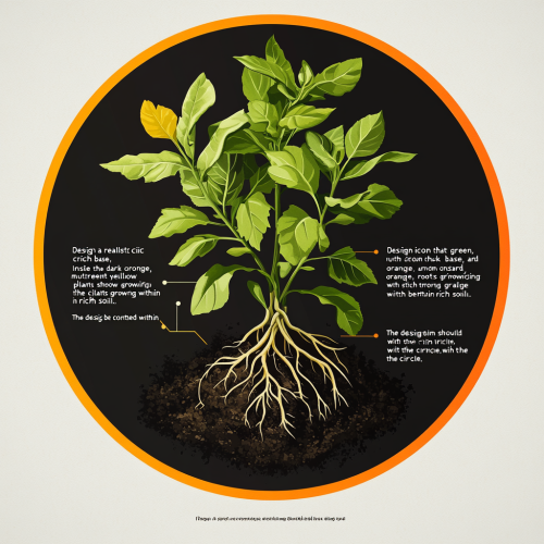 Circle icon representing nutrient-rich base, plant with strong roots.