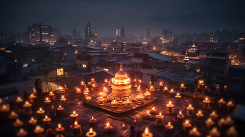 City rooftop with bright Diwali Diya light.