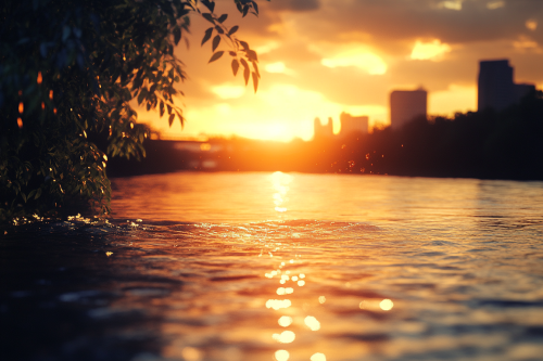 City skyline at sunset by river