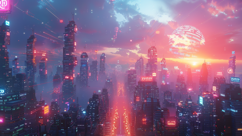 Cityscape of digital elements with neon colors and avatars.
