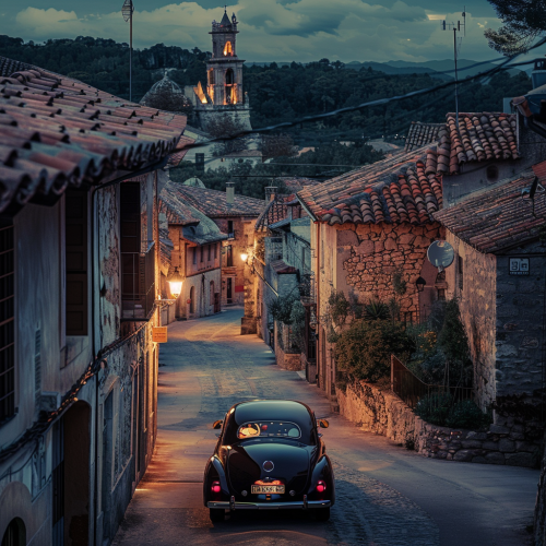 Classic car drives through illuminated Spanish village.