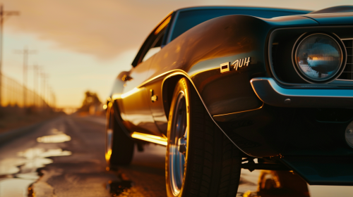 Classic muscle car under sunset on highway, 4k scene.