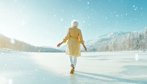Classy elderly woman in summer fashion, standing on frozen lake