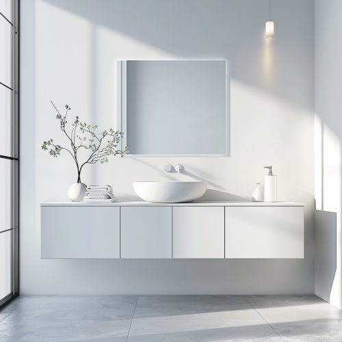 Clean white bathroom with sleek design and natural light