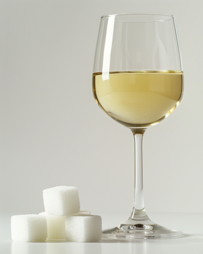 Clear glass of white wine with sugar cubes.