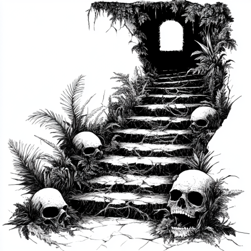 Climbing dangerous stairs to bright light cave.