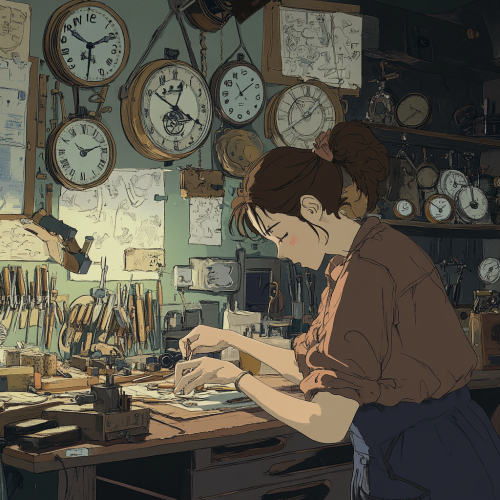 Clock Repairing Workshop with Tools and Finished Products