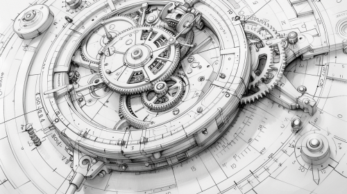 Clocktower design drawing with detailed gears and dials.