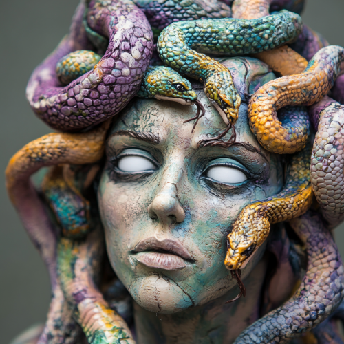Close-Up Clay Portrait of Colorful Medusa.