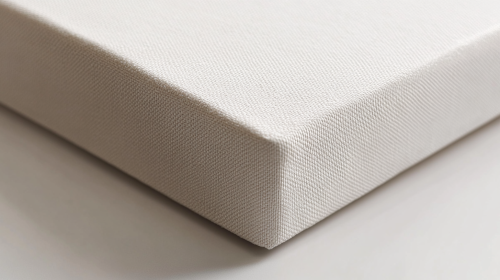 Close-up of abstract canvas in beige, gray, blue.